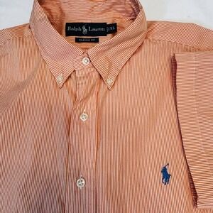 Ralph Lauren Classic Fit Orange Striped Button Down Shirt Mens XL Short Sleeve